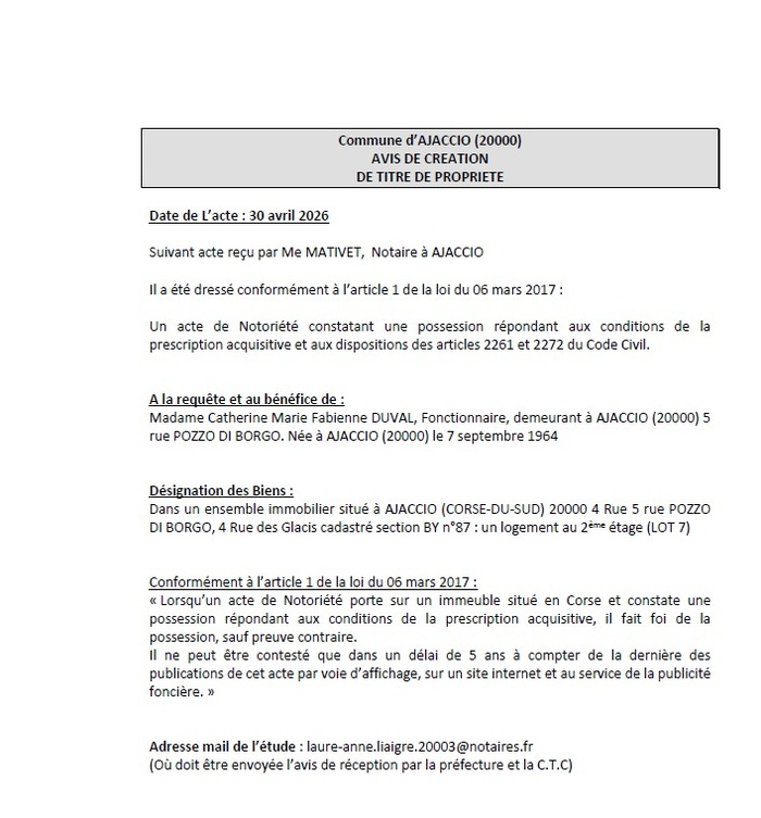 Avis de création de titre de propriété - Commune d'Aiacciu (Pumonti) Avis de création de titre de propriété - Commune d'Aiacciu (Pumonti)