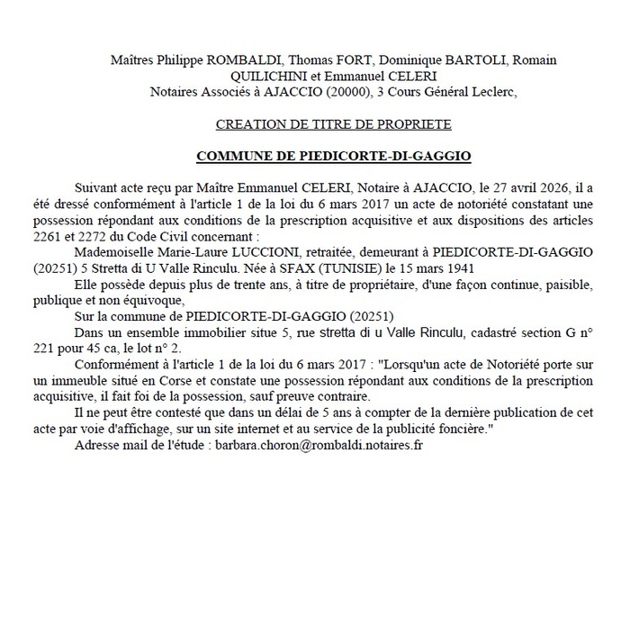 Avis de création de titre de propriété - Commune de Pedicorti di Caghju (Cismonte)
