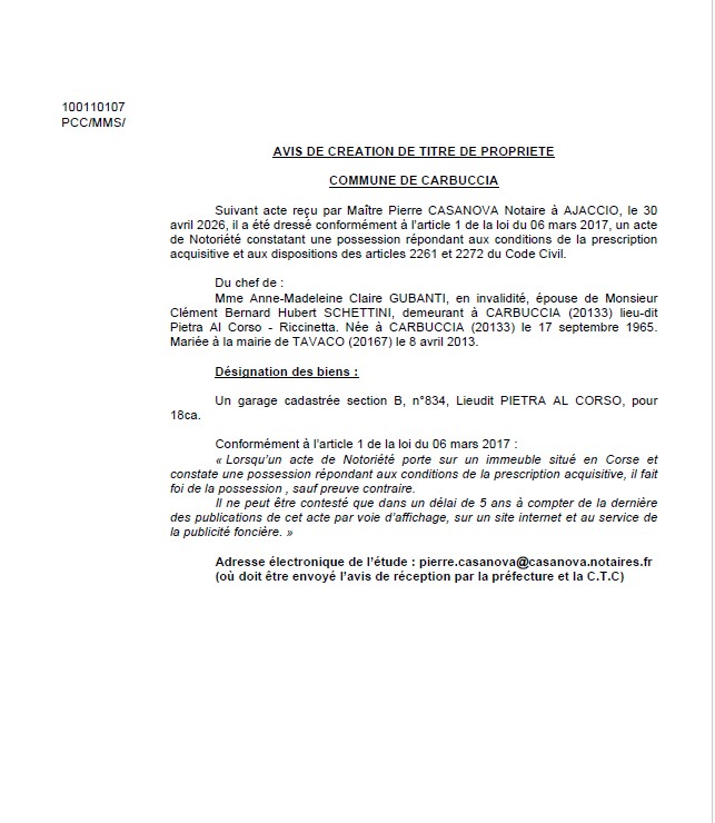 Avis de création de titre de propriété - Commune de Carbuccia (Pumonti)
