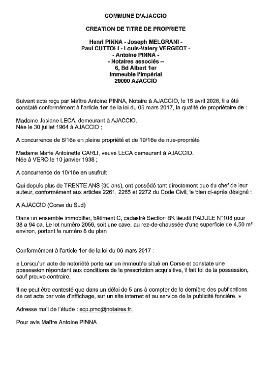 Avis de création de titre de propriété - Commune d'Aiacciu (Pumonti)