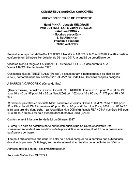 Avis de création de titre de propriété - Commune de Sarrula è Carcupinu (Pumonti)