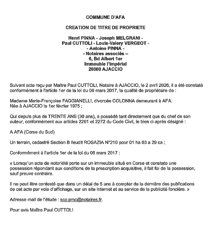 Avis de création de titre de propriété - Commune d'Afà (Pumonti) Avis de création de titre de propriété - Commune d'Afà (Pumonti)