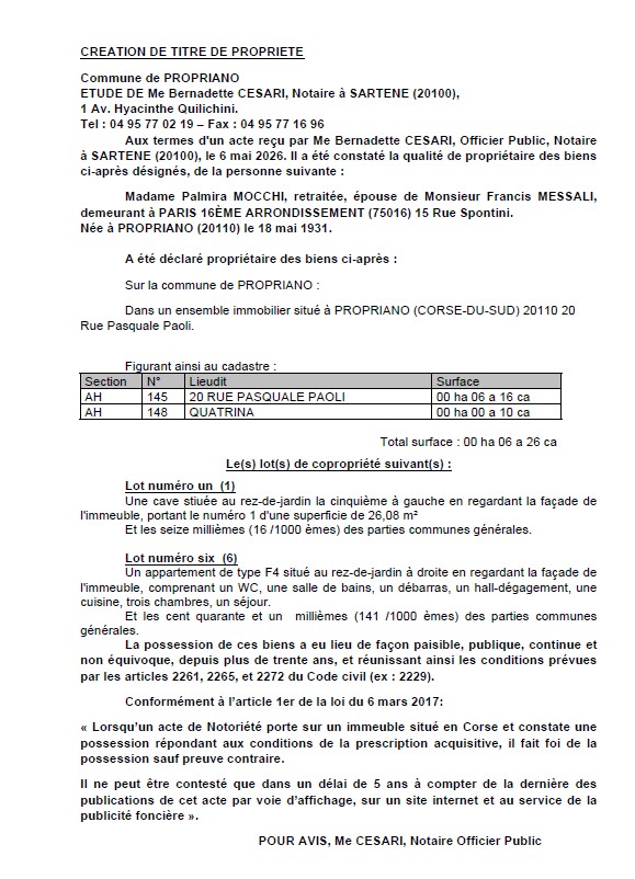Avis de création de titre de propriété - Commune de Prupià (Pumonti)
