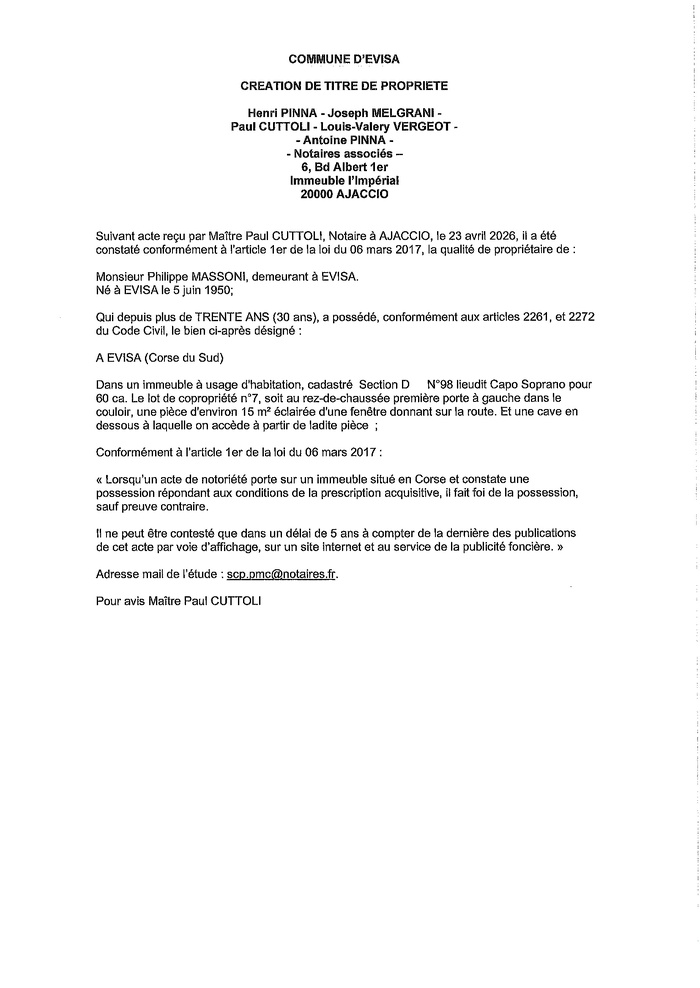 Avis de création de titre de propriété - Commune d'Evisa (Pumonti) Avis de création de titre de propriété - Commune d'Evisa (Pumonti)