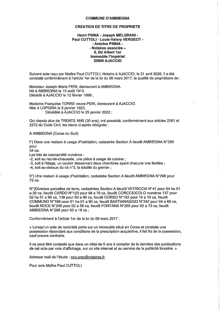 Avis de création de titre de propriété - Commune d'Ambiegna (Pumonti) Avis de création de titre de propriété - Commune d'Ambiegna (Pumonti)