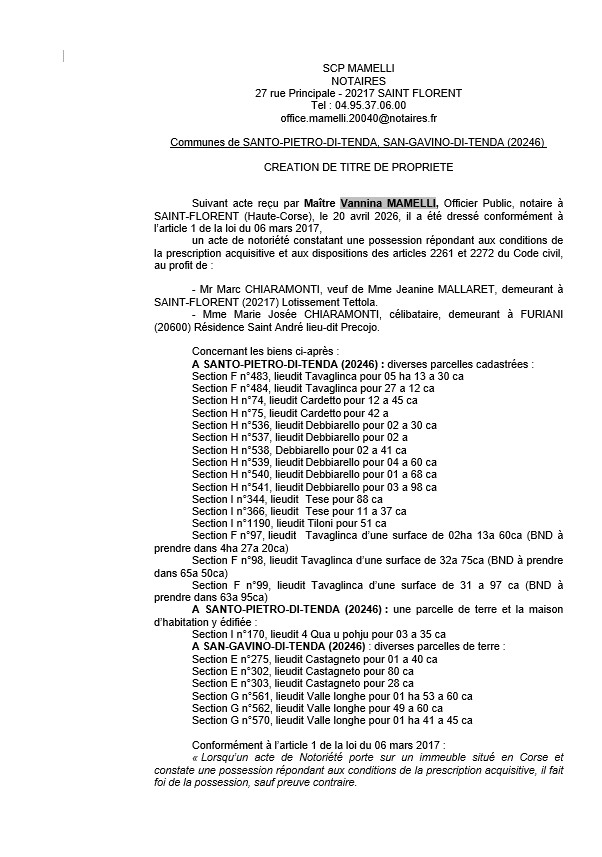 Avis de création de titre de propriété - Communes de Santu Petru di Tenda et San Gavinu di Tenda  (Cismonte)