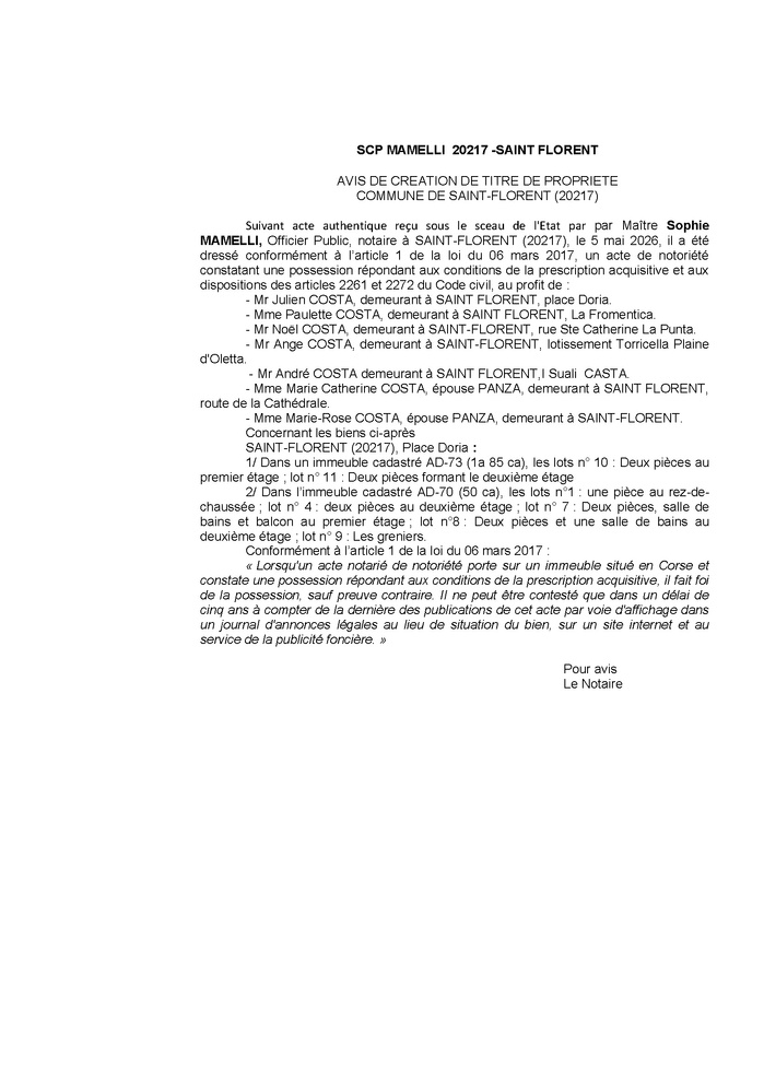 Avis de création de titre de propriété - Commune de San Fiurenzu (Cismonte) Avis de création de titre de propriété - Commune de San Fiurenzu (Cismonte)