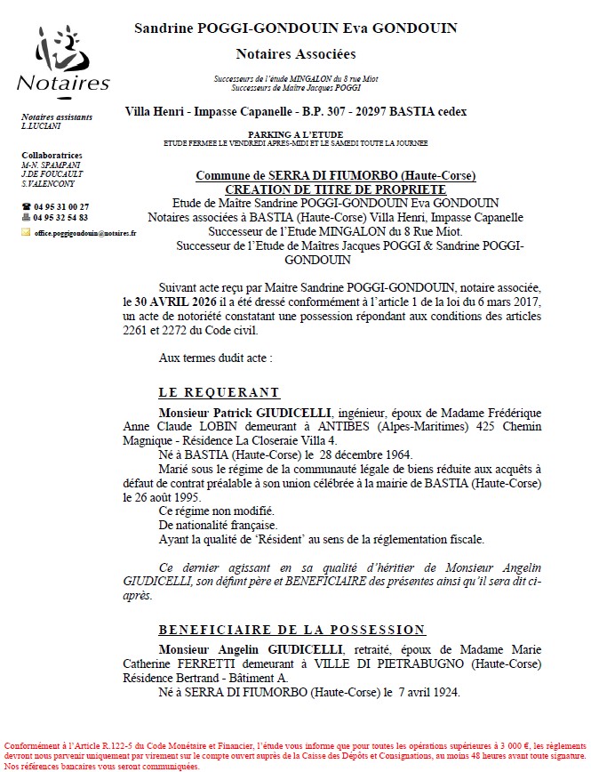 Avis de création de titre de propriété - Commune de Serra di Fiumorbu (Cismonte)