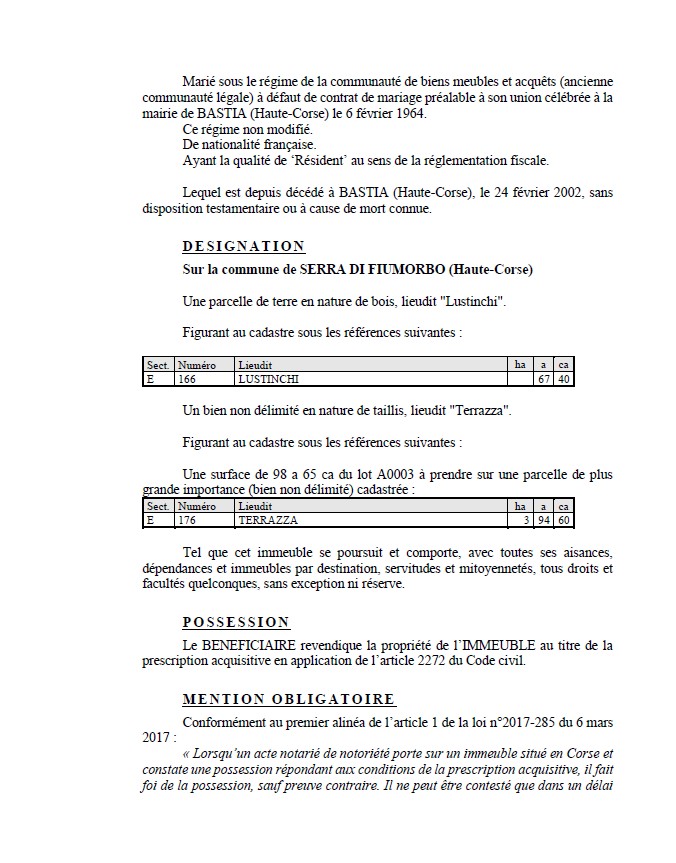 Avis de création de titre de propriété - Commune de Serra di Fiumorbu (Cismonte)