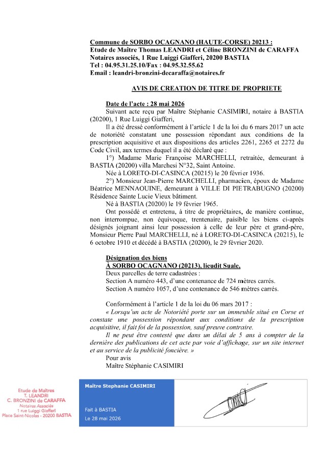 Avis de création de titre de propriété - Commune de Sorbu è Ocagnanu (Cismonte)