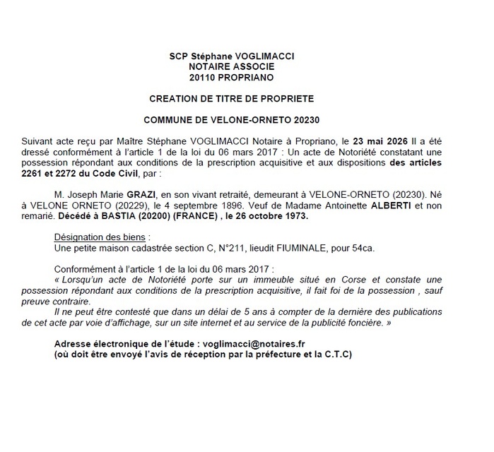 Avis de création de titre de propriété - Commune de Vilone è Ornetu (Cismonte)