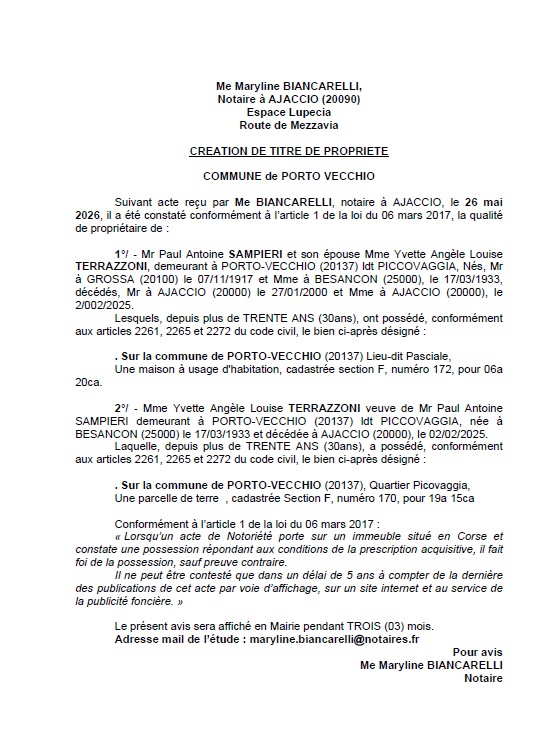 Avis de création de titre de propriété - Commune de Portivechju (Pumonti)