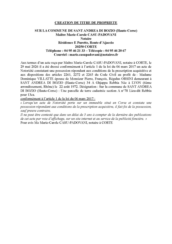 Avis de création de titre de propriété - Commune de Sant'Andria di Boziu (Cismonte)