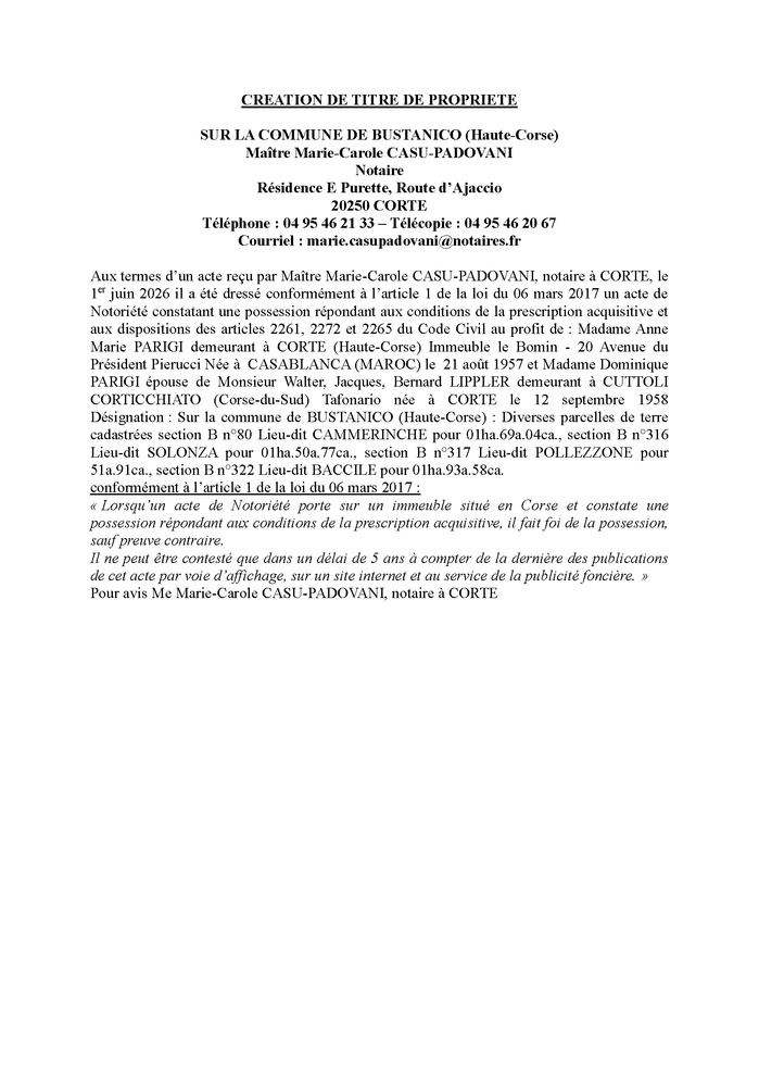 Avis de création de titre de propriété - Commune de Bustanicu (Cismonte) Avis de création de titre de propriété - Commune de Bustanicu (Cismonte)