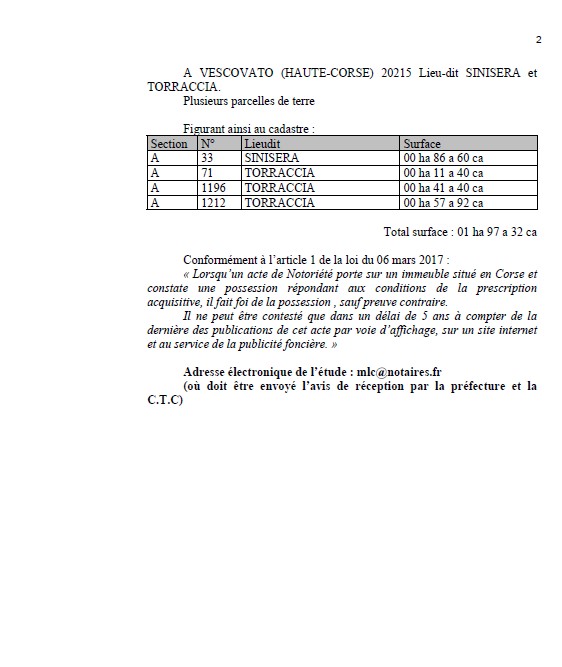 Avis de création de titre de propriété - Commune d'U Viscuvatu (Cismonte)