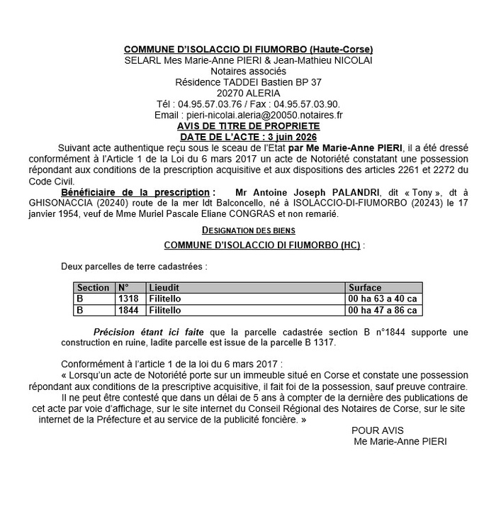 Avis de création de titre de propriété - Commune de L'Isulacciu di Fiumorbu (Cismonte)