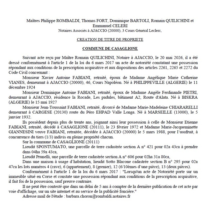 Avis de création de titre de propriété - Commune de Casaglione (Pumonti)