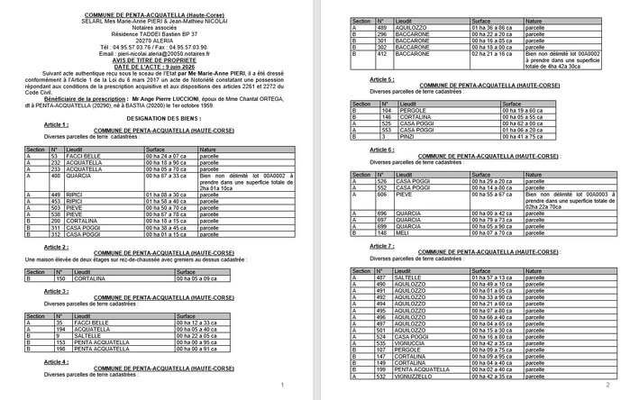 Avis de création de titre de propriété - Commune d'A Penta è Acquatella (Cismonte) Avis de création de titre de propriété - Commune d'A Penta è Acquatella (Cismonte)