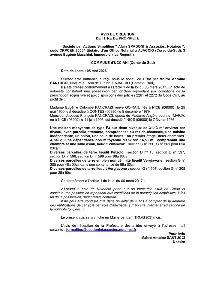 Avis de création de titre de propriété - Commune d'Ucciani (Pumonti)