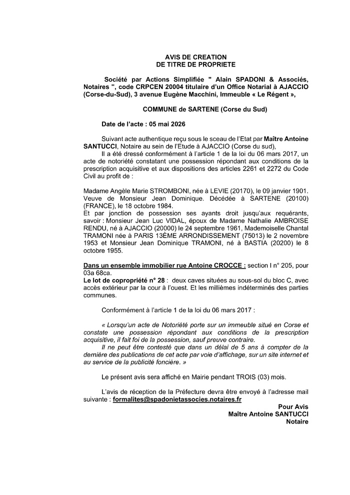 Avis de création de titre de propriété - Commune de Sarté (Pumonti) Avis de création de titre de propriété - Commune de Sarté (Pumonti)