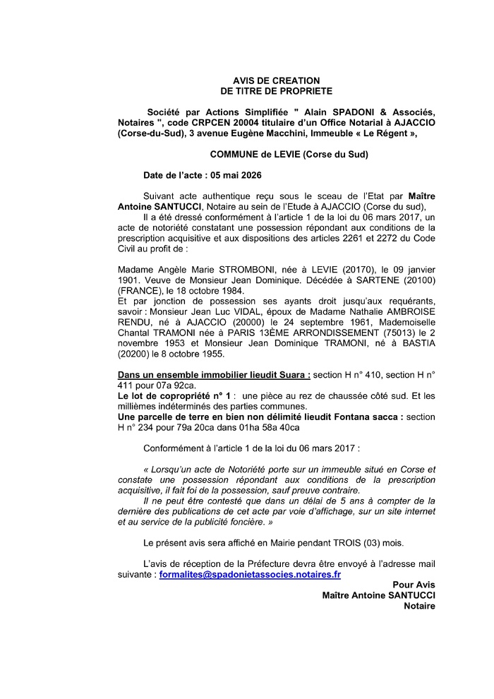  Avis de création de titre de propriété - Commune de Livia (Pumonti)