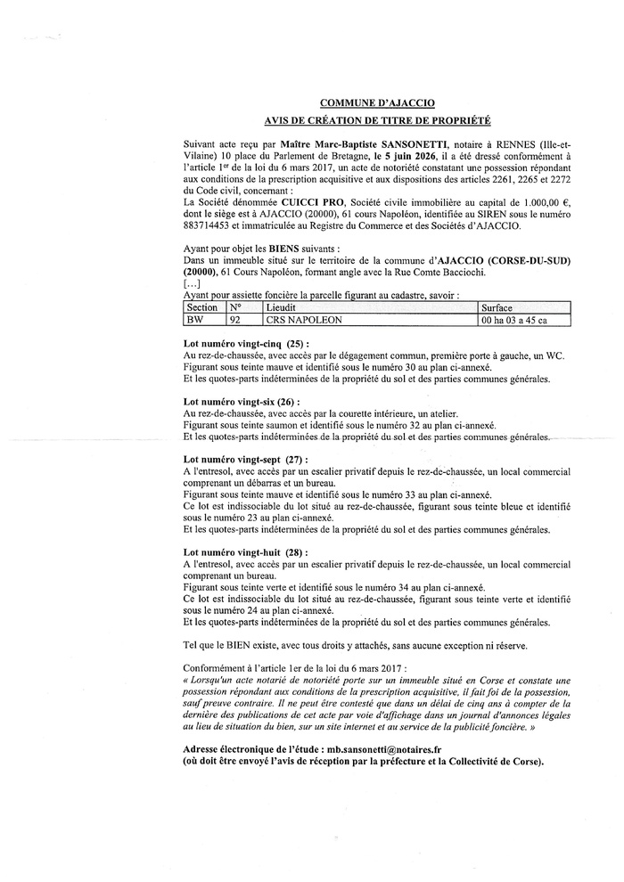 Avis de création de titre de propriété - Commune d'Aiacciu (Pumonti)