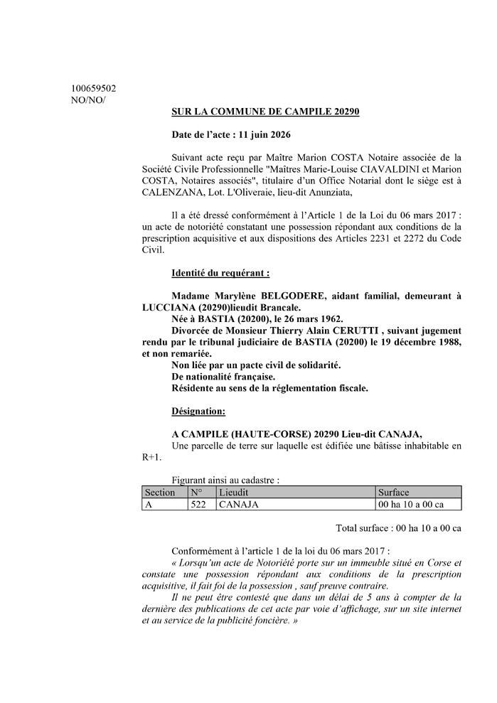 Avis de création de titre de propriété - Commune de Campile (Cismonte) Avis de création de titre de propriété - Commune de Campile (Cismonte)