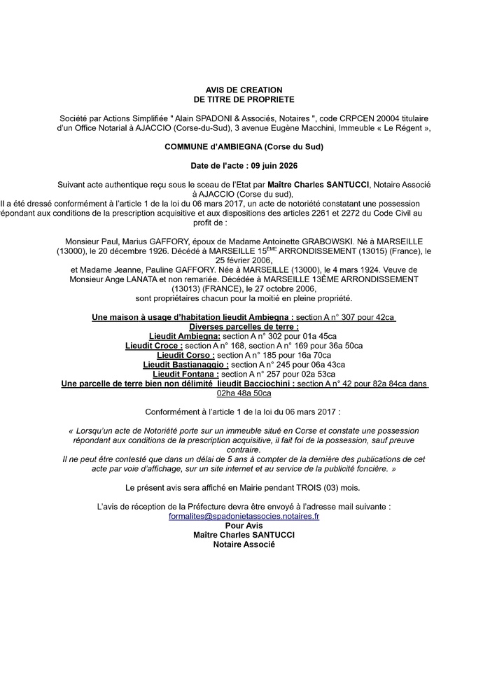 Avis de création de titre de propriété - Commune d'Ambiegna (Pumonti) Avis de création de titre de propriété - Commune d'Ambiegna (Pumonti)