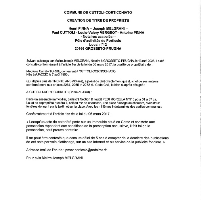 Avis de création de titre de propriété - Commune di Cutuli è Curtichjatu (Pumonti)