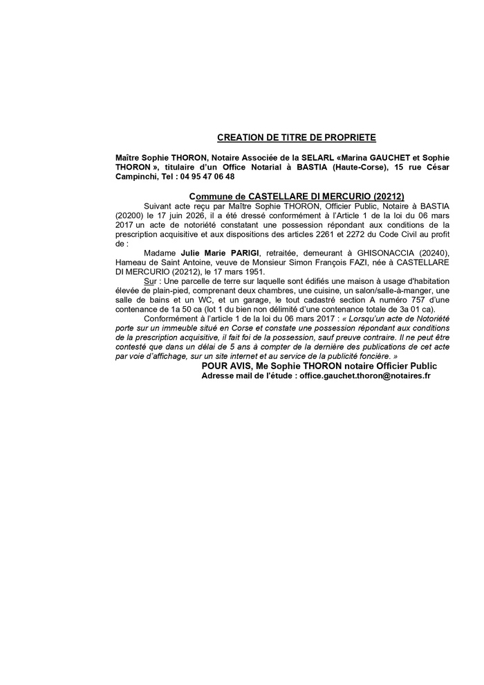 Avis de création de titre de propriété - Commune di Castellà di Mercoriu (Cismonte) Avis de création de titre de propriété - Commune di Castellà di Mercoriu (Cismonte)