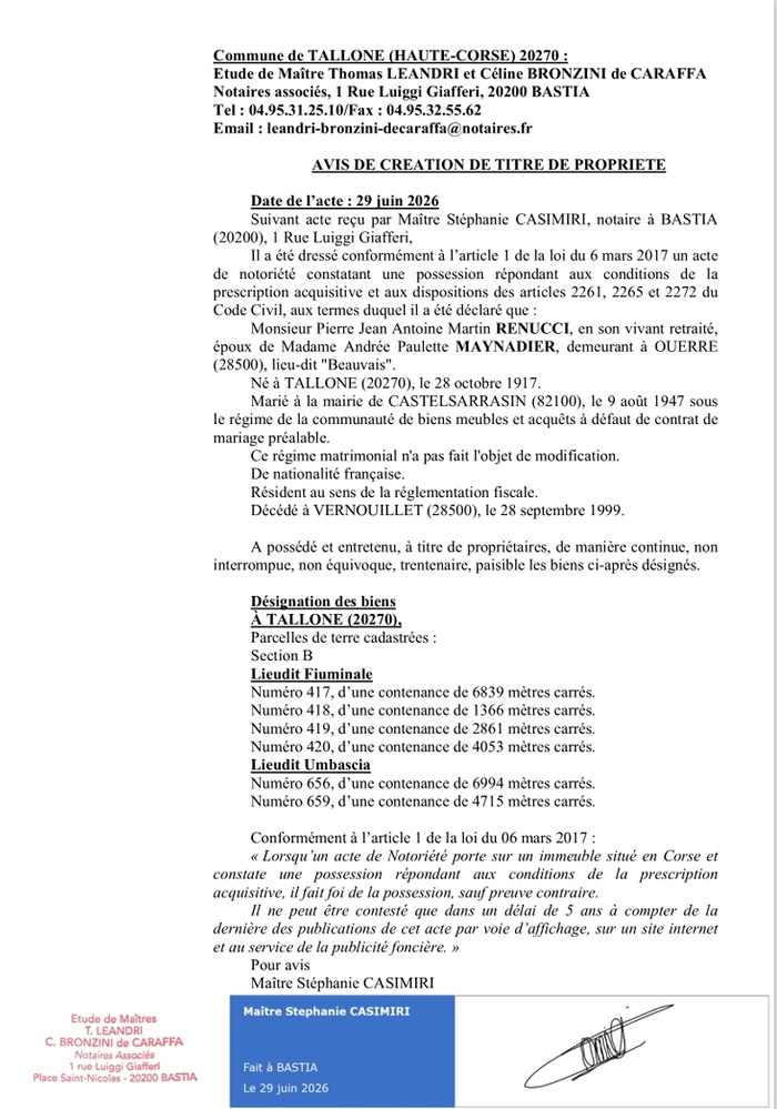 Avis de création de titre de propriété - Commune di Tallone (Cismonte) Avis de création de titre de propriété - Commune di Tallone (Cismonte)