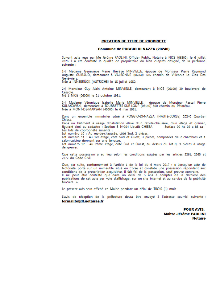 Avis de création de titre de propriété - Commune di U Poghju d Nazza  (Cismonte)