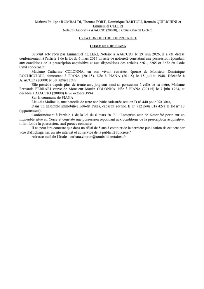 Avis de création de titre de propriété - Commune di Piana (Pumonti) Avis de création de titre de propriété - Commune di Piana (Pumonti)