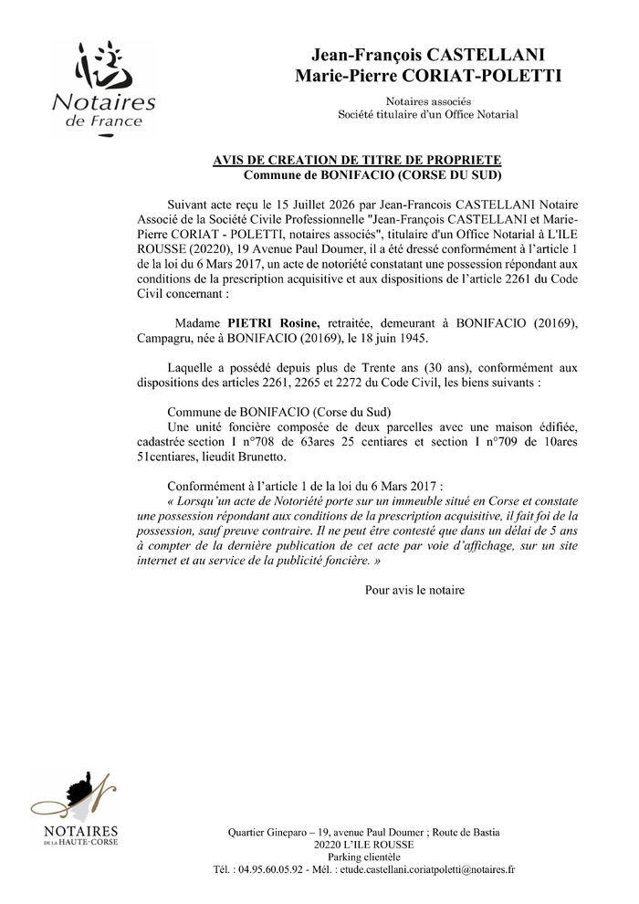Avis de création de titre de propriété - Commune de Bunifaziu (Pumonti) Avis de création de titre de propriété - Commune de Bunifaziu (Pumonti)