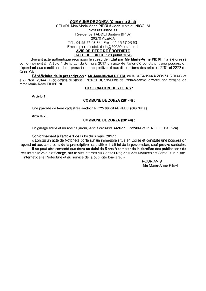 Avis de création de titre de propriété - Commune de Zonza (Pumonte) Avis de création de titre de propriété - Commune de Zonza (Pumonte)