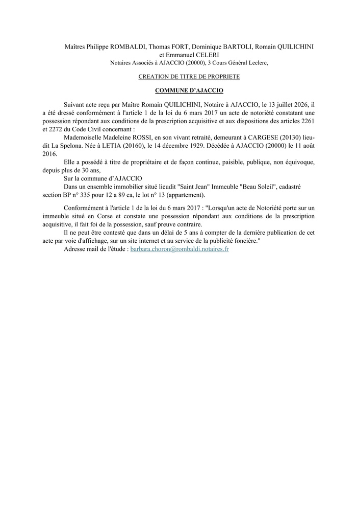 Avis de création de titre de propriété - Commune d'Aiacciu (Pumonti) Avis de création de titre de propriété - Commune d'Aiacciu (Pumonti)