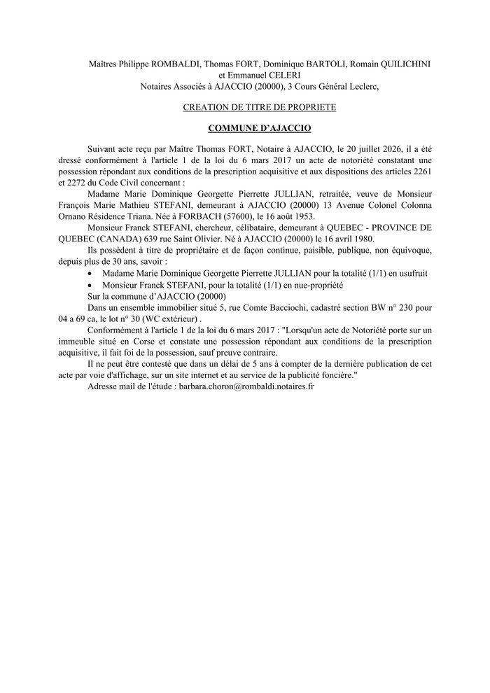  Avis de création de titre de propriété - Commune d'Aiacciu (Pumonti)