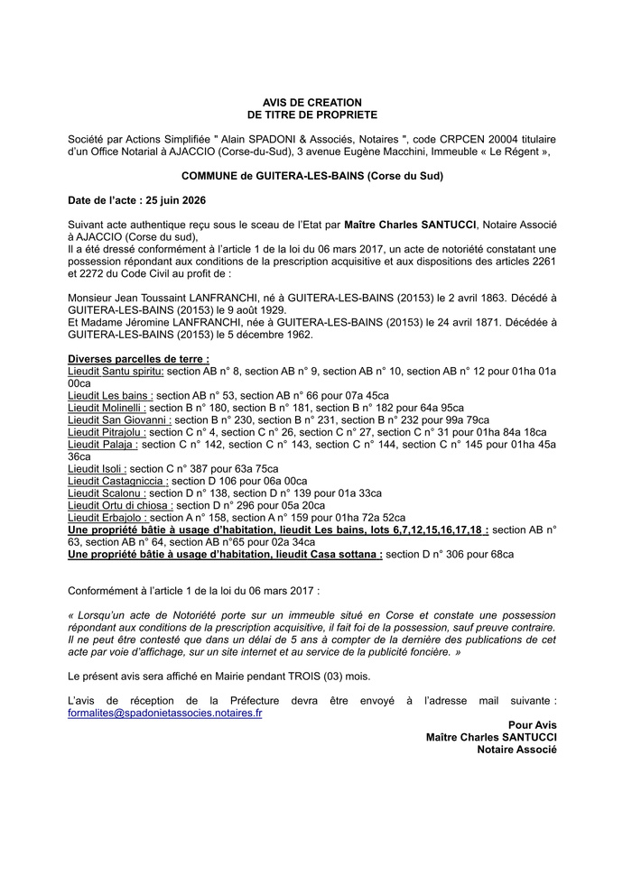 Avis de création de titre de propriété - Commune d' A Vuttera (Pumonti) Avis de création de titre de propriété - Commune d' A Vuttera (Pumonti)