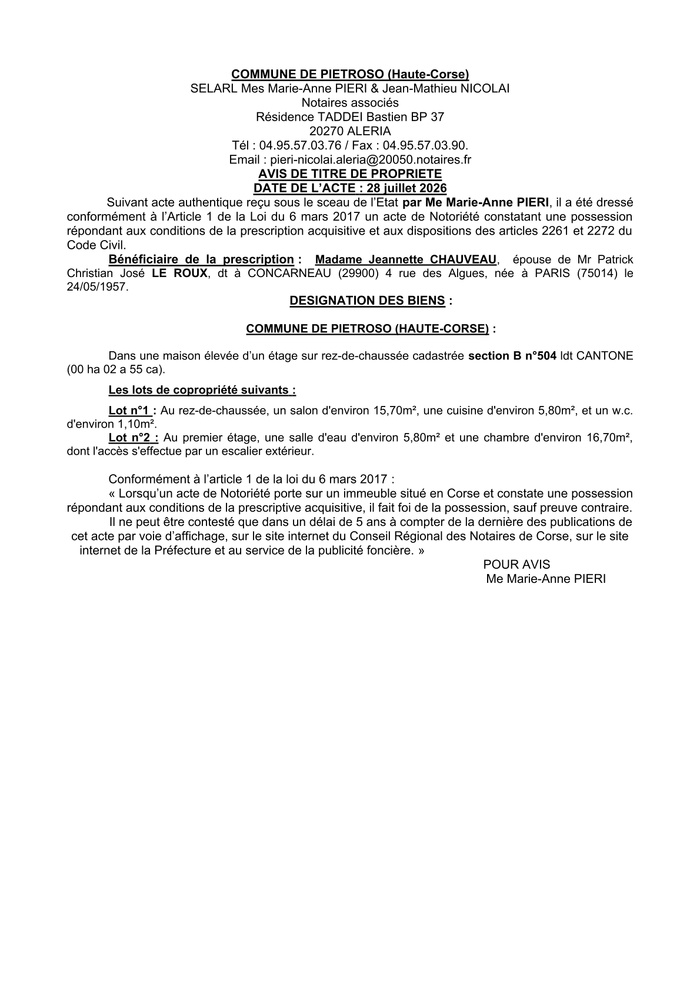 Avis de création de titre de propriété - Commune d' U Petrosu (Cismonte)