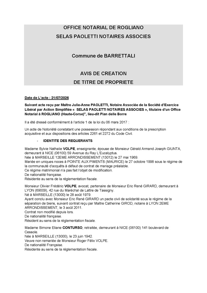 Avis de création de titre de propriété - Commune de Barrettali (Cismonte)