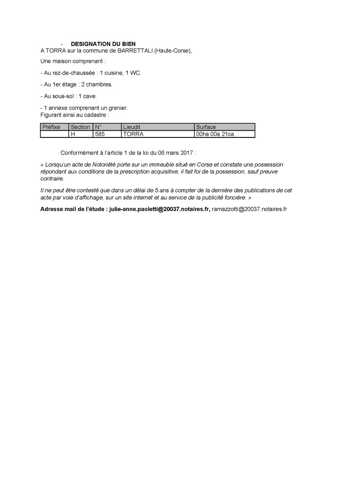 Avis de création de titre de propriété - Commune de Barrettali (Cismonte)