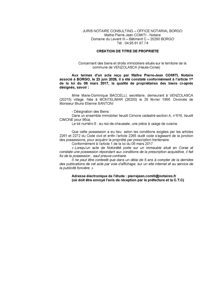 Avis de création de titre de propriété - Commune d'A Venzulasca (Cismonte) Avis de création de titre de propriété - Commune d'A Venzulasca (Cismonte)