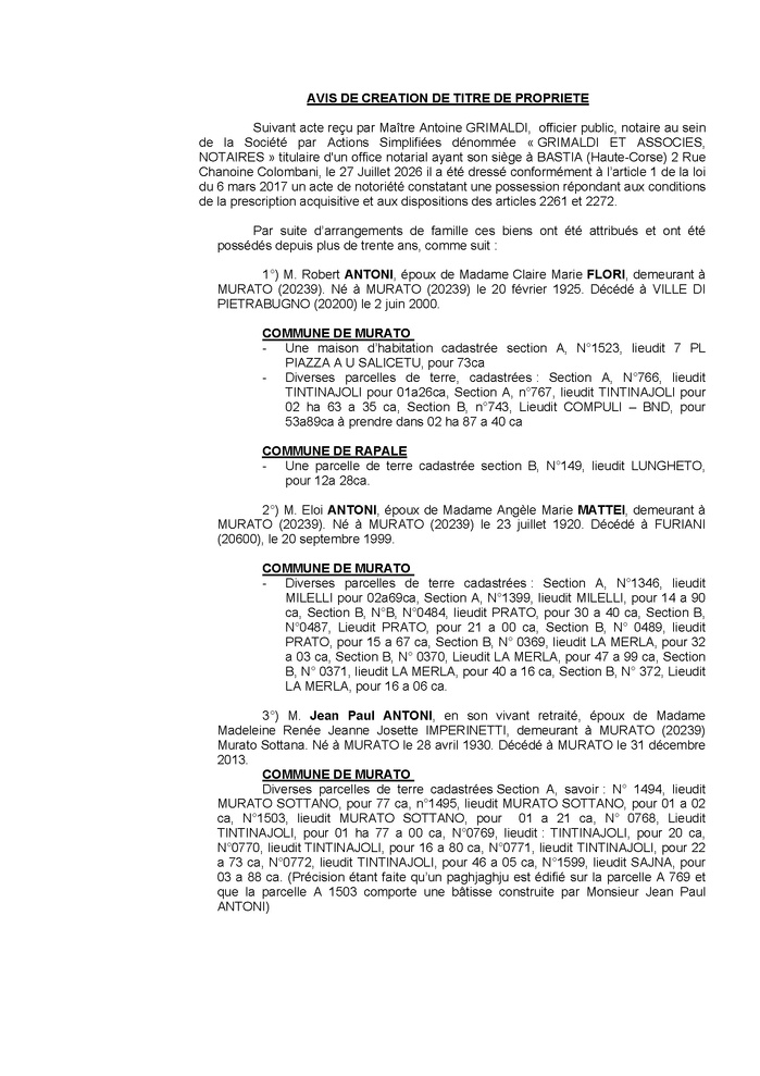 Avis de création de titre de propriété - Communes de Muratu et Rapale (Cismonte) Avis de création de titre de propriété - Communes de Muratu et Rapale (Cismonte)