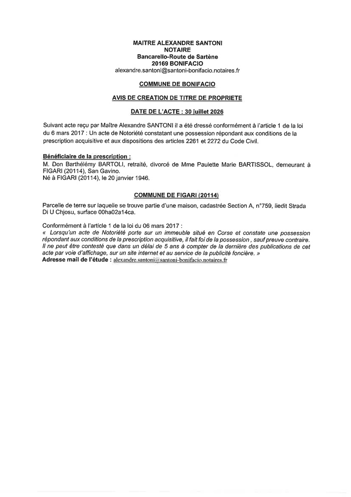 Avis de création de titre de propriété - Commune de Bonifaziu (Pumonti)