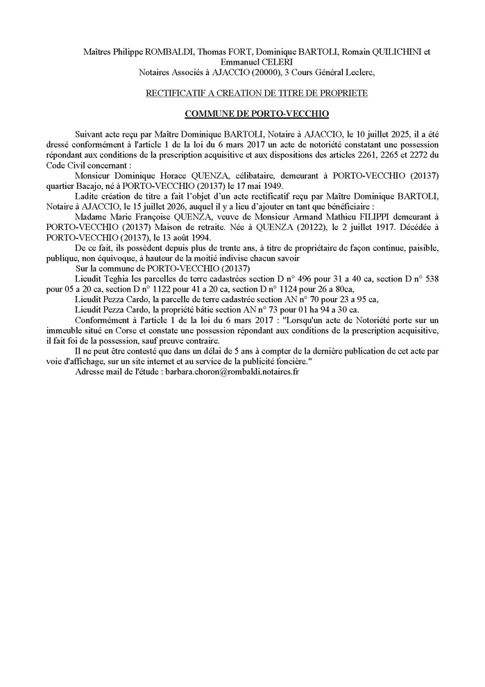 Avis de création de titre de propriété - Commune de Portivechju (Pumonti)