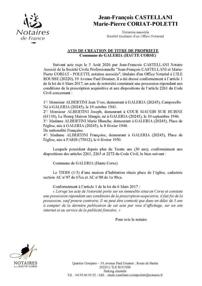 Avis de création de titre de propriété - Commune de Galeria (Cismonte) Avis de création de titre de propriété - Commune de Galeria (Cismonte)