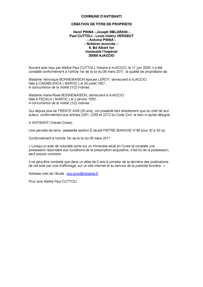 Avis de création de titre de propriété - Commune d'Antisanti (Cismonte) Avis de création de titre de propriété - Commune d'Antisanti (Cismonte)