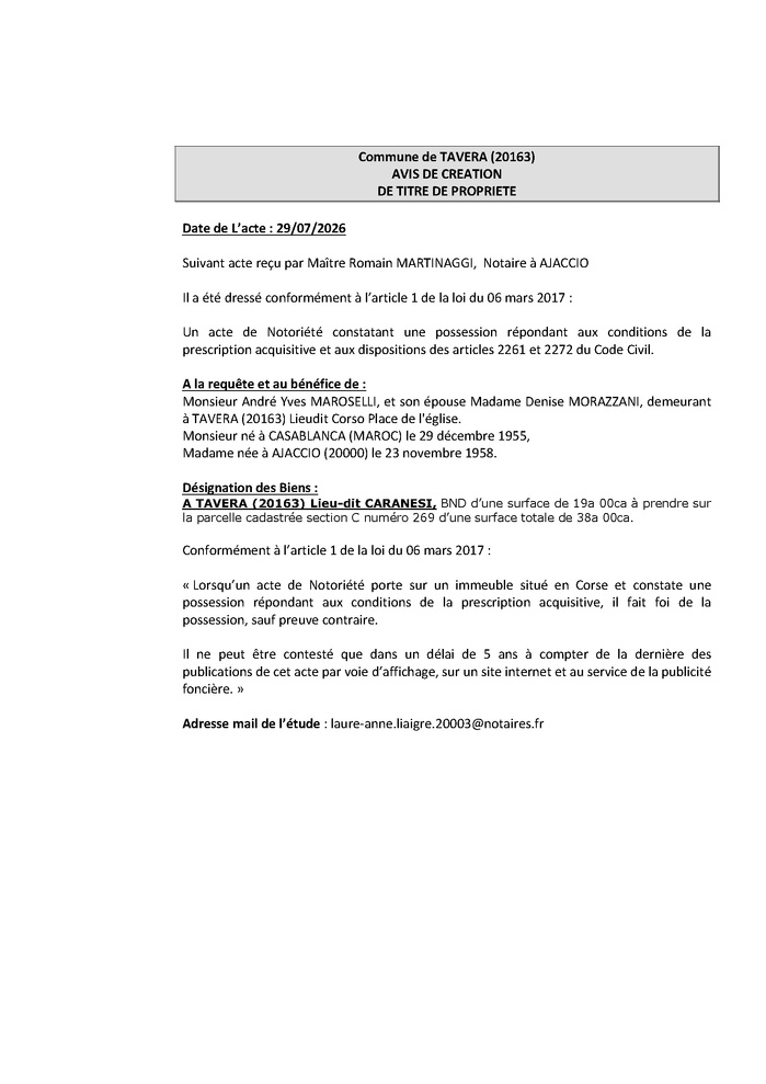 Avis de création de titre de propriété - Commune de Tavera (Pumonti) Avis de création de titre de propriété - Commune de Tavera (Pumonti)