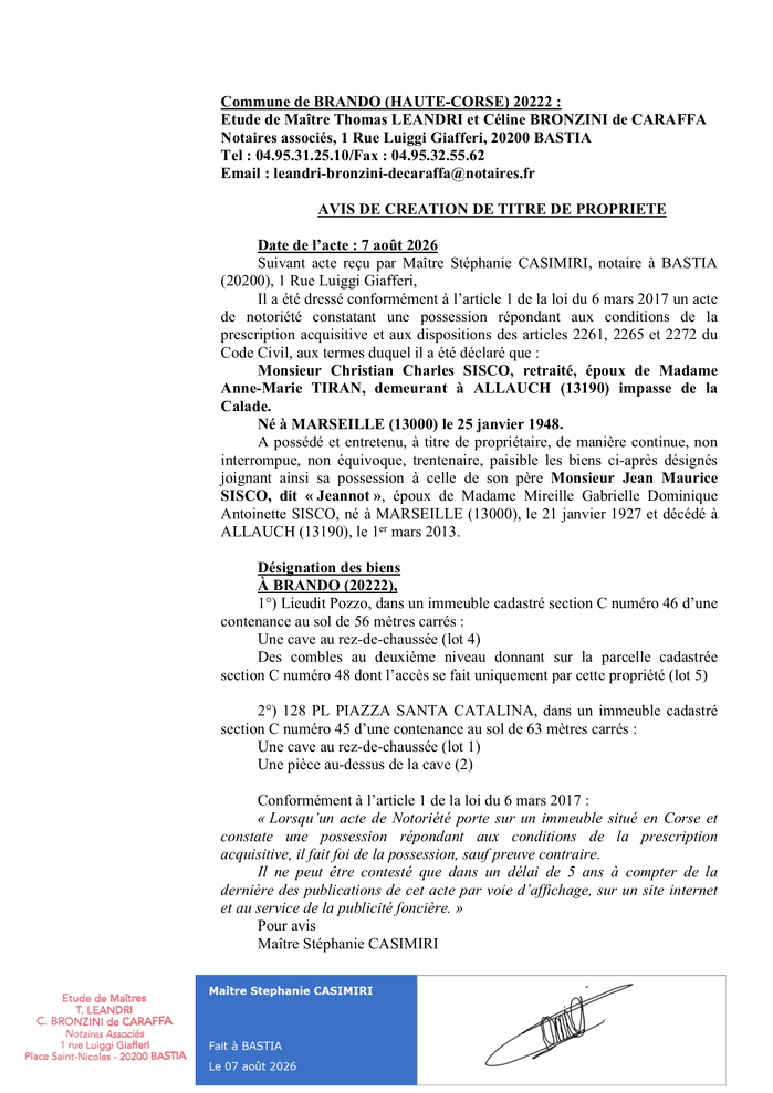 Avis de création de titre de propriété - Commune de Brandu (Cismonte) Avis de création de titre de propriété - Commune de Brandu (Cismonte)
