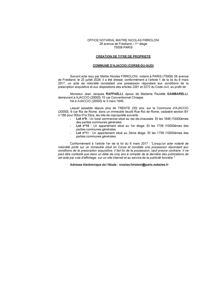 Avis de création de titre de propriété - Commune d'Aiacciu (Pumonti) Avis de création de titre de propriété - Commune d'Aiacciu (Pumonti)